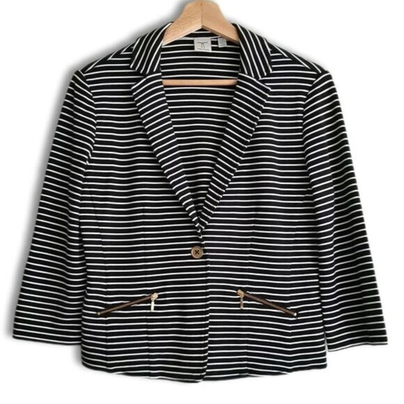 TRISTAN / Stretchy Stripe Comfy Casual Single Button Blazer Jacket B&W Sz M - Picture 1 of 16